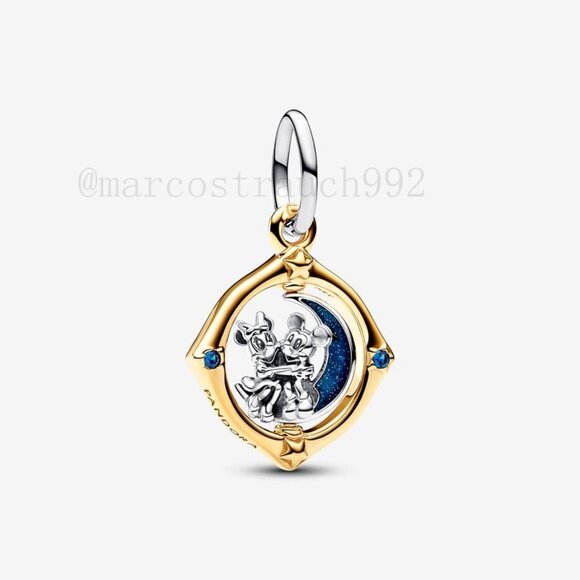 Pandora Mickey Mouse & Minnie Mouse Two-tone Spinning Moon Dangle Charm - Picture 1 of 6